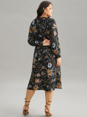 Floral Print Shirred Gathered Stand Collar Dress