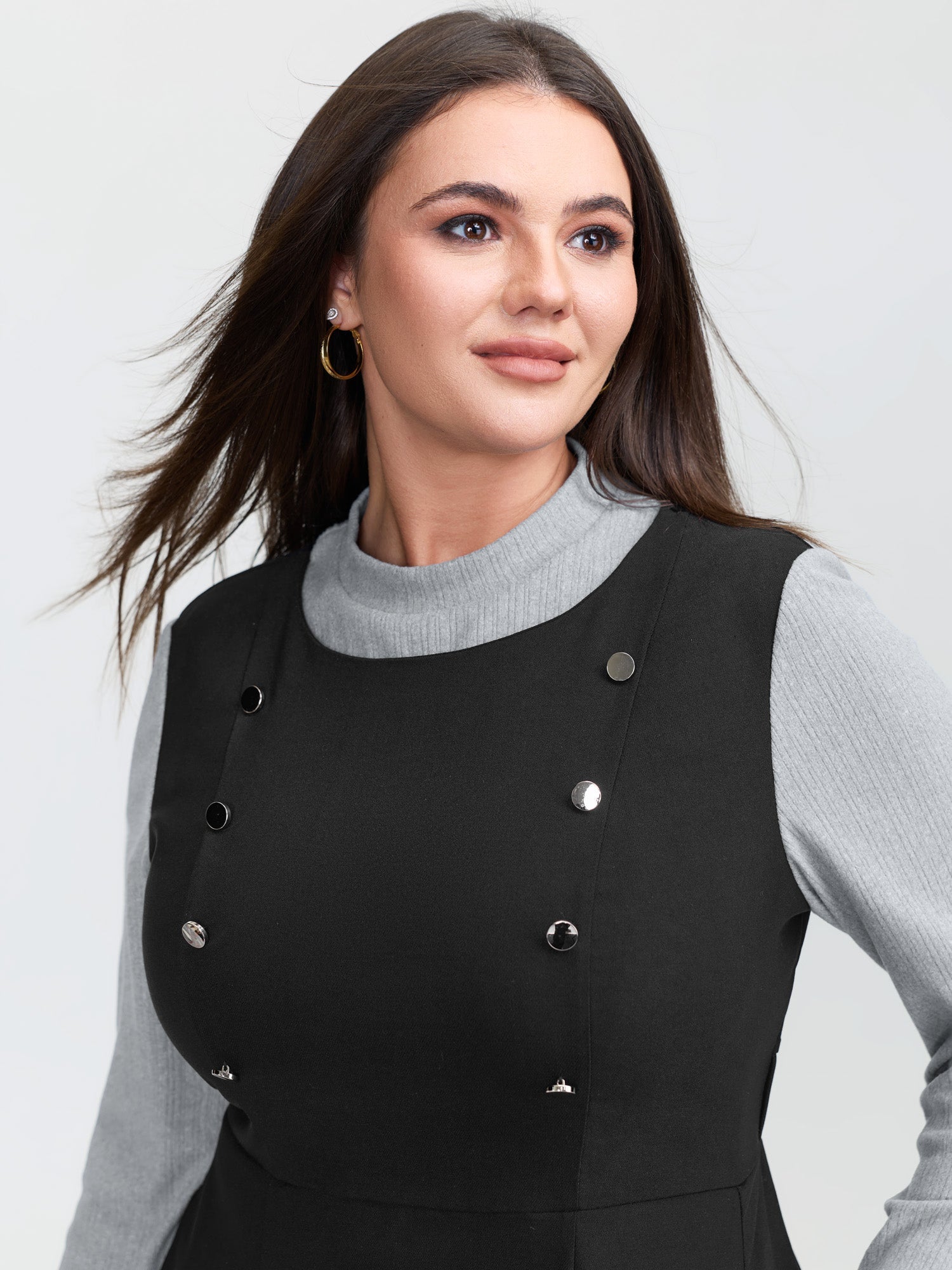 2-In-1 Button Detail Waist-Defining Midi Dress