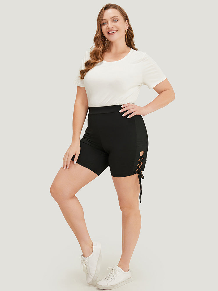 Solid Cut Out Lace Up Shorts