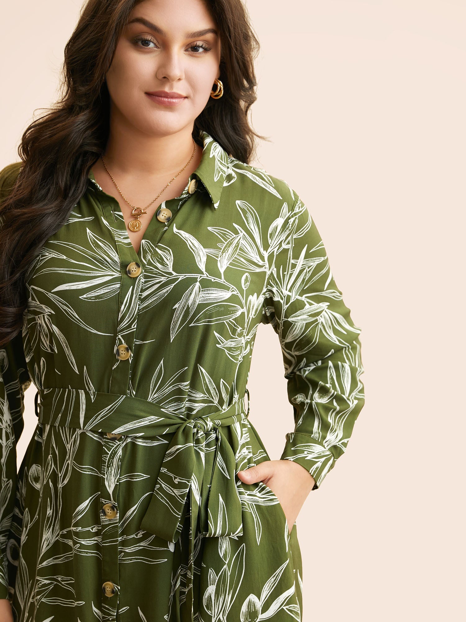 Shirt Collar Plants Print Belted Dress