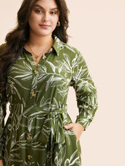 Shirt Collar Plants Print Belted Dress