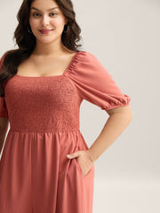 Shirred Puffy Sleeve Pockets Jumpsuit