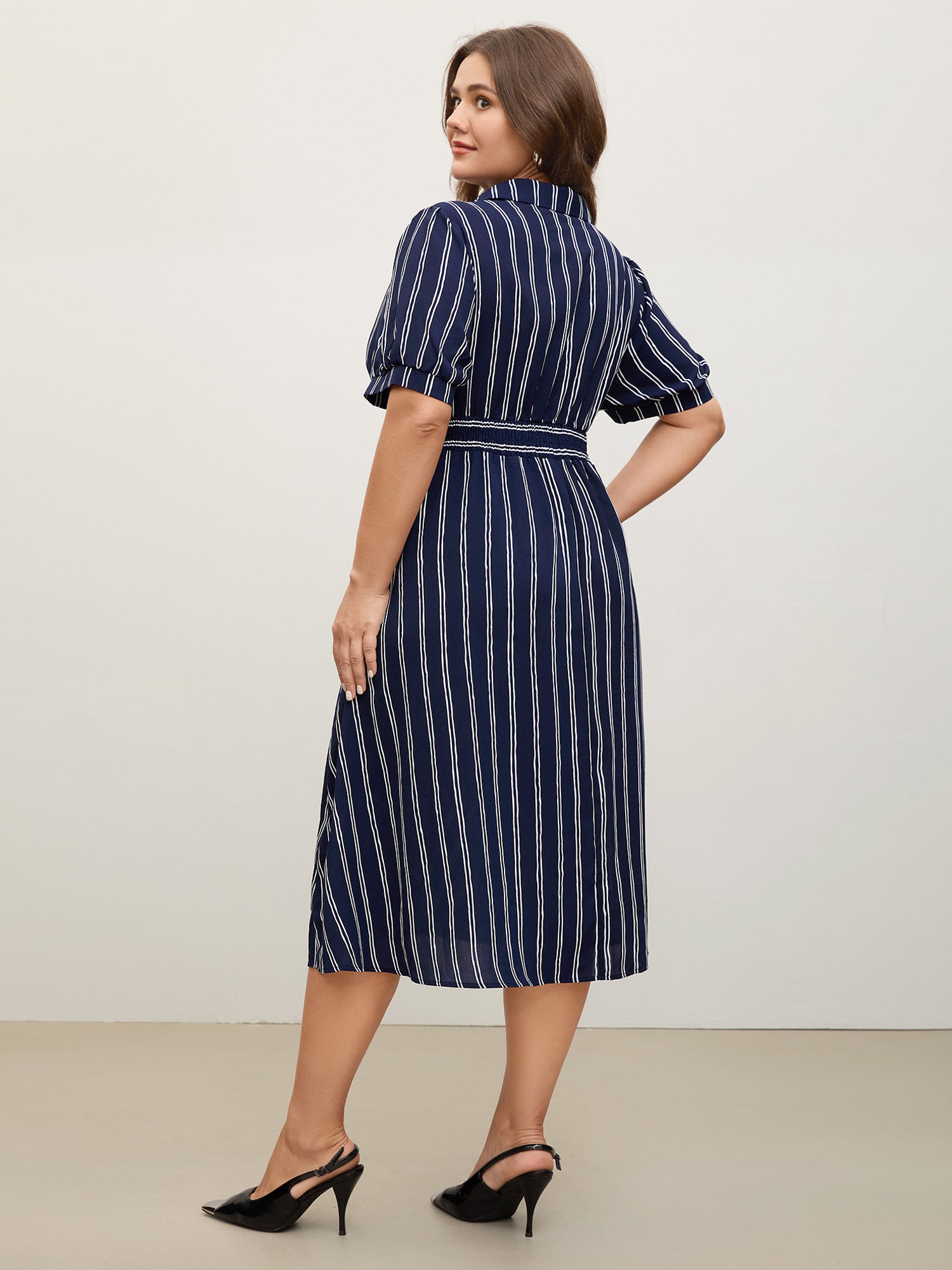 Striped Waist-Cinched Pockets Midi Dress