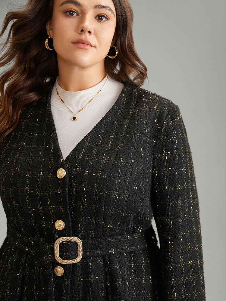 Tweed Metal Detail Belted V Neck Blazer