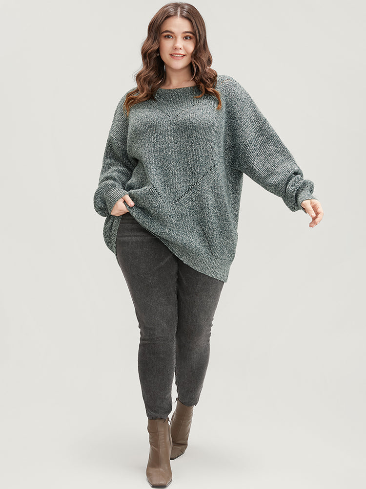 Solid Pointelle Knit Round Neck Cut Out Heather Knit Top