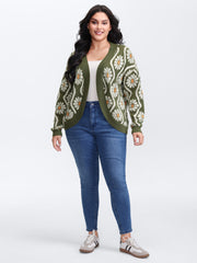 Floral Pattern Jacquard Arc Hem Knit Cardigan
