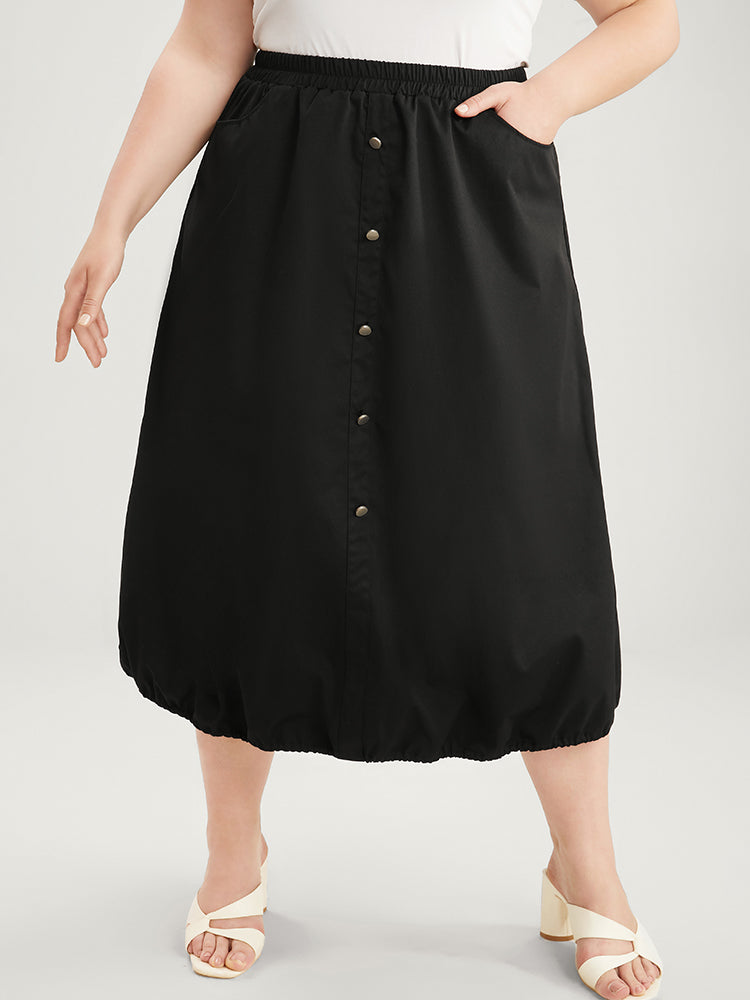 Solid Pocket Button Detail Drawstring Hem Skirt