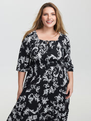 Scroll Pattern Adjustable Drawstring Pockets Maxi Dress