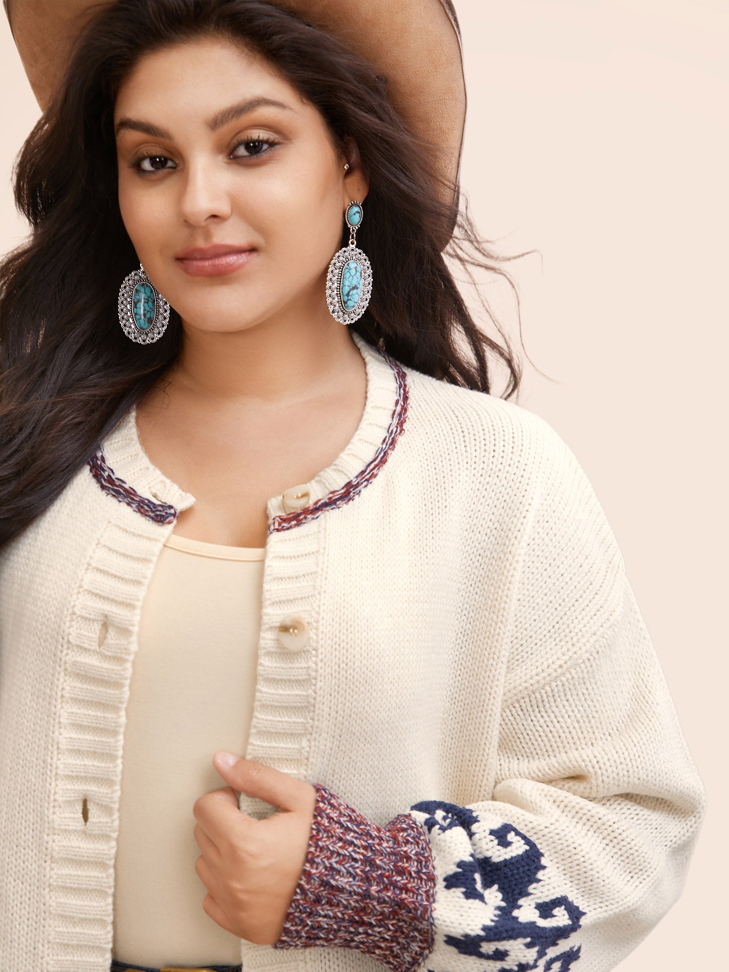 Fair Isle Balloon Sleeve Crew Neck Cardigan