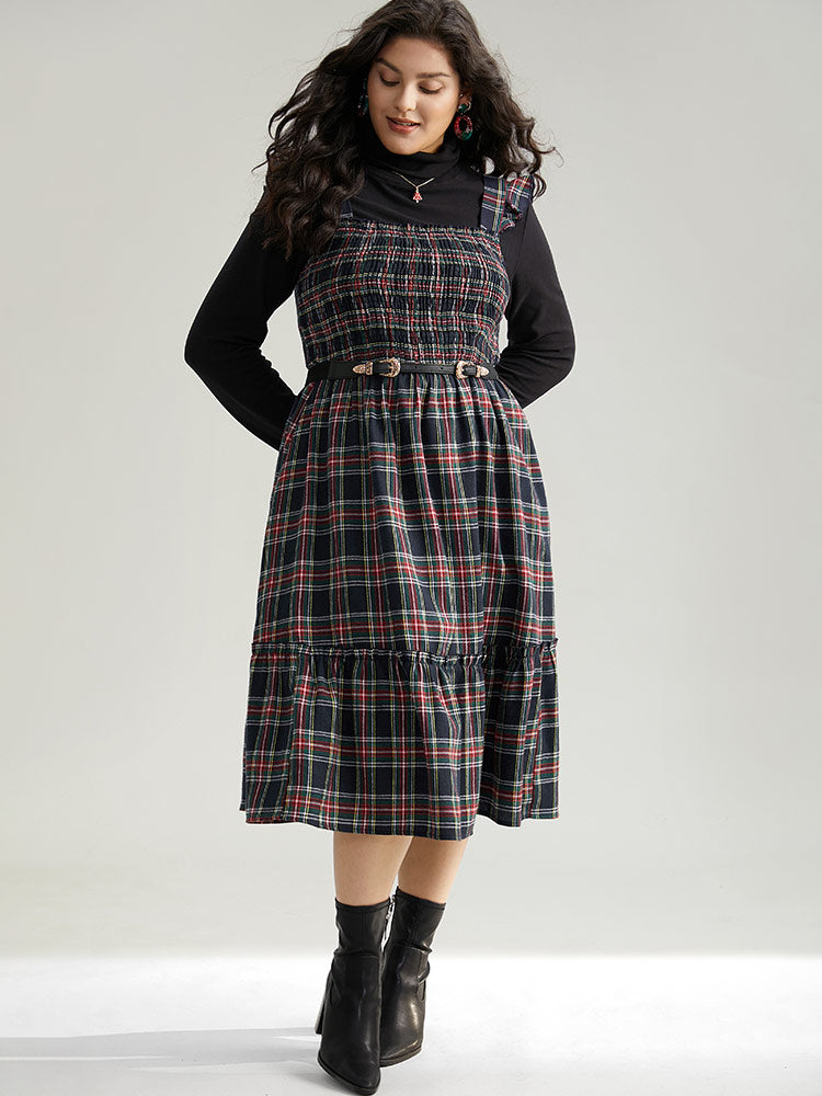 Plaid Ruffle Trim Shirred Spaghetti Strap Dress