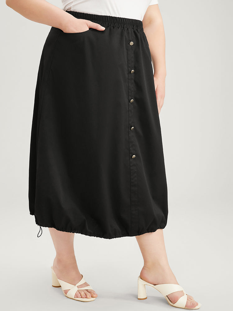 Solid Pocket Button Detail Drawstring Hem Skirt