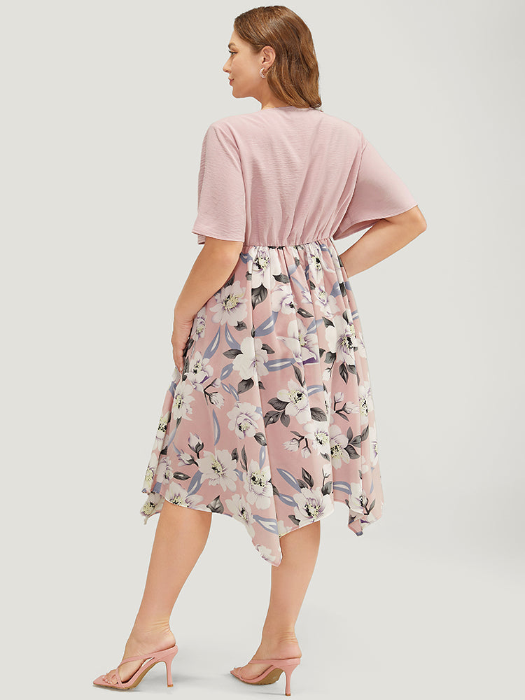 Floral Hanky Hem Ruffle Pocket Ruched Drawstring Dress