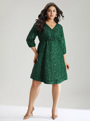 Sequin Overlap Collar Elastic Waist Knee Dress