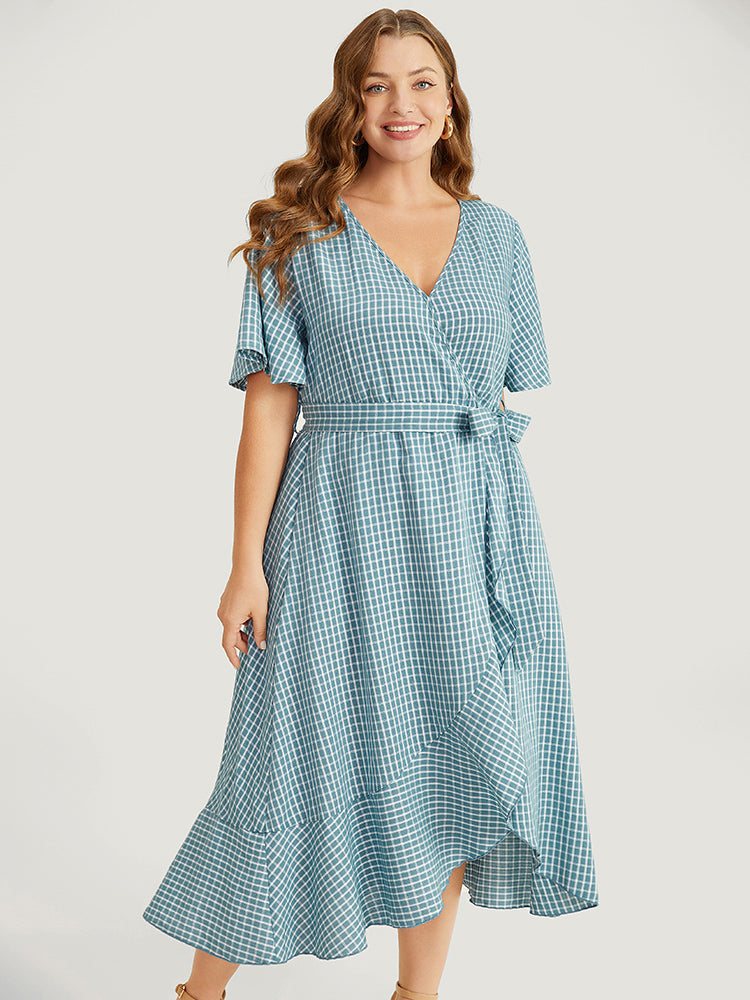 Gingham Pocket Belted Ruffle Trim Surplice Neck Dress