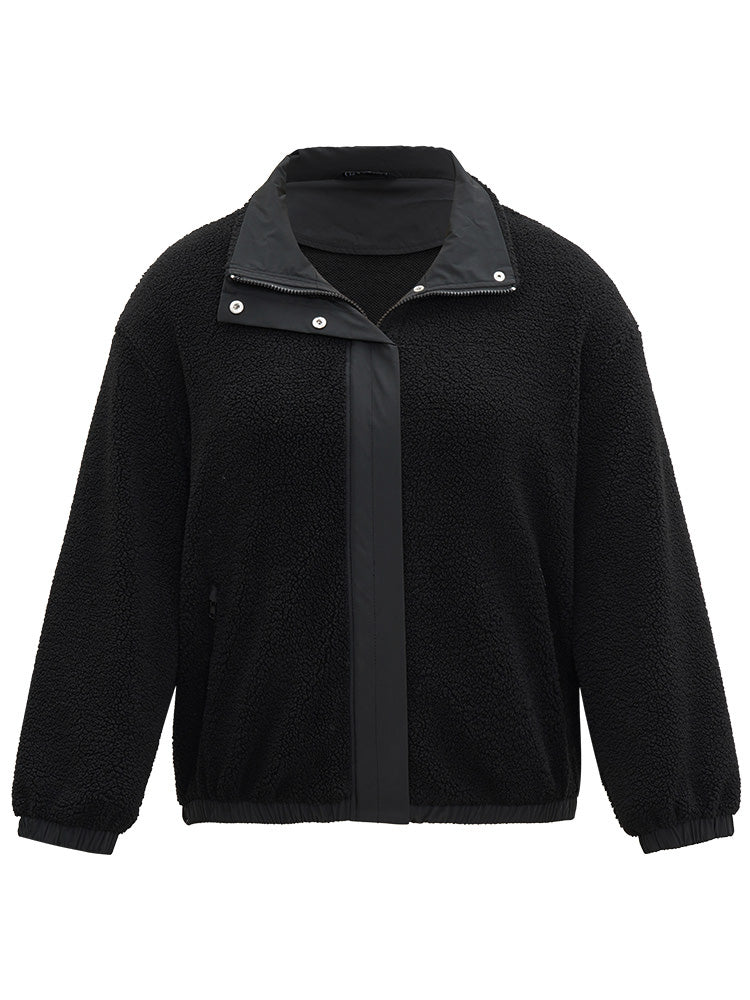 Solid Patchwork Button Up Pocket Zipper Jacket