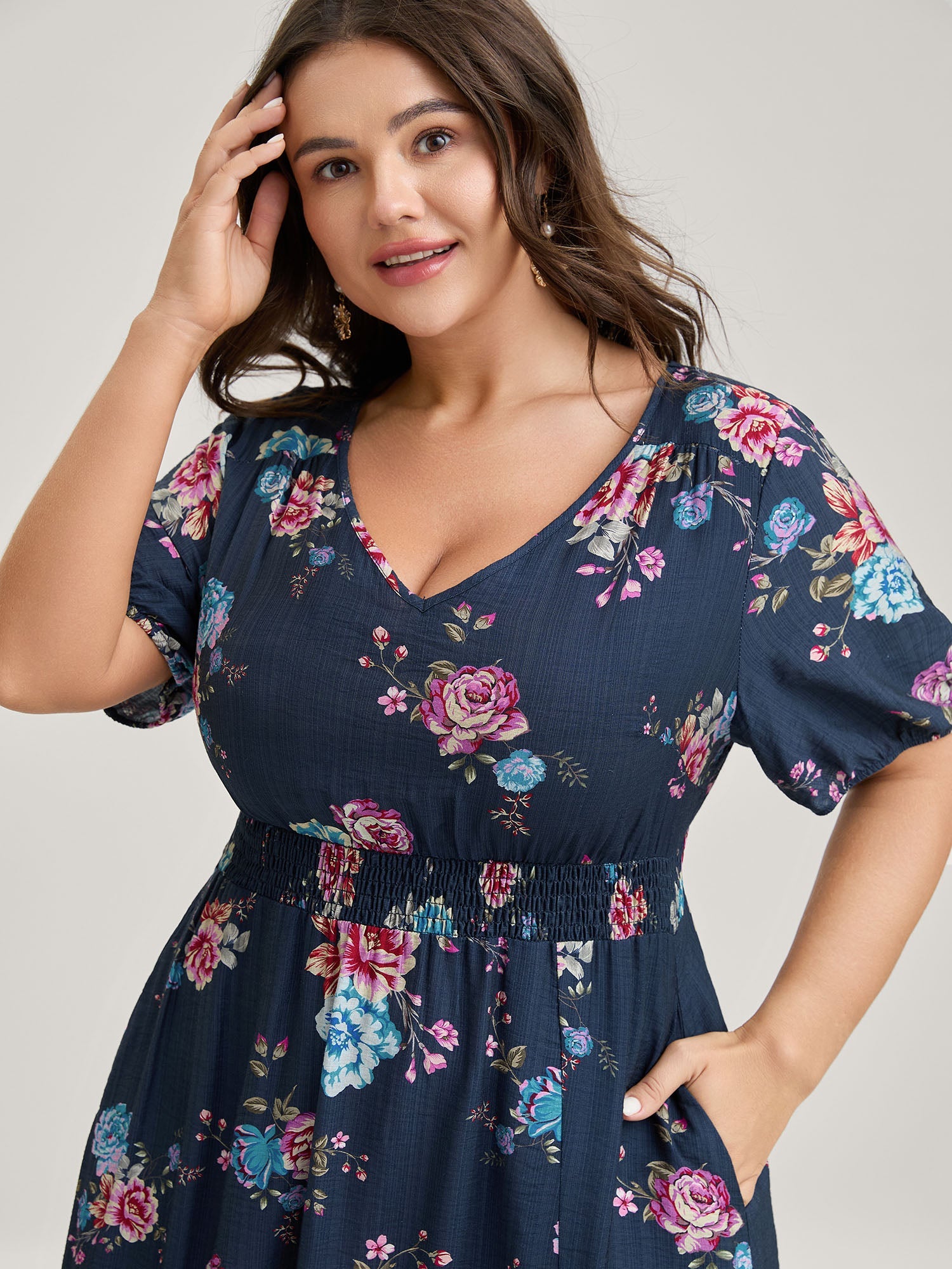 Floral Print Shirred Waist Slit Midi Dress