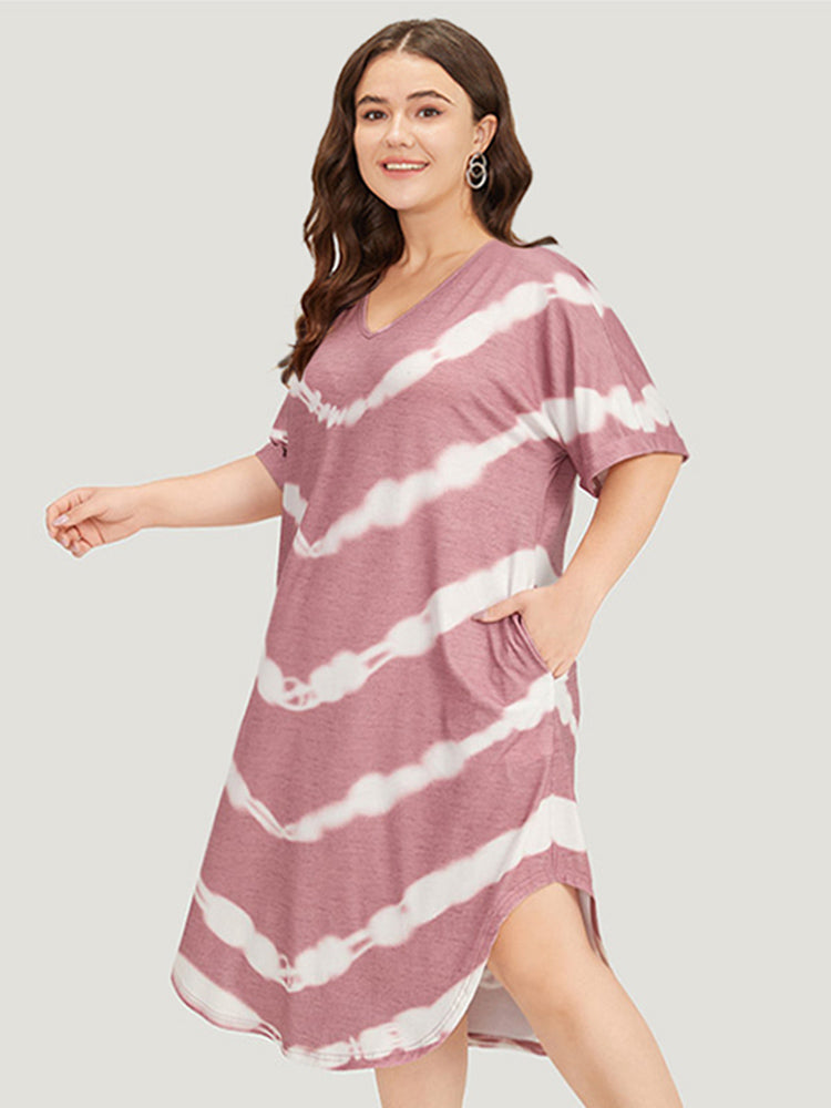 Tie Dye Striped Two Tone V Neck Pocket Dress