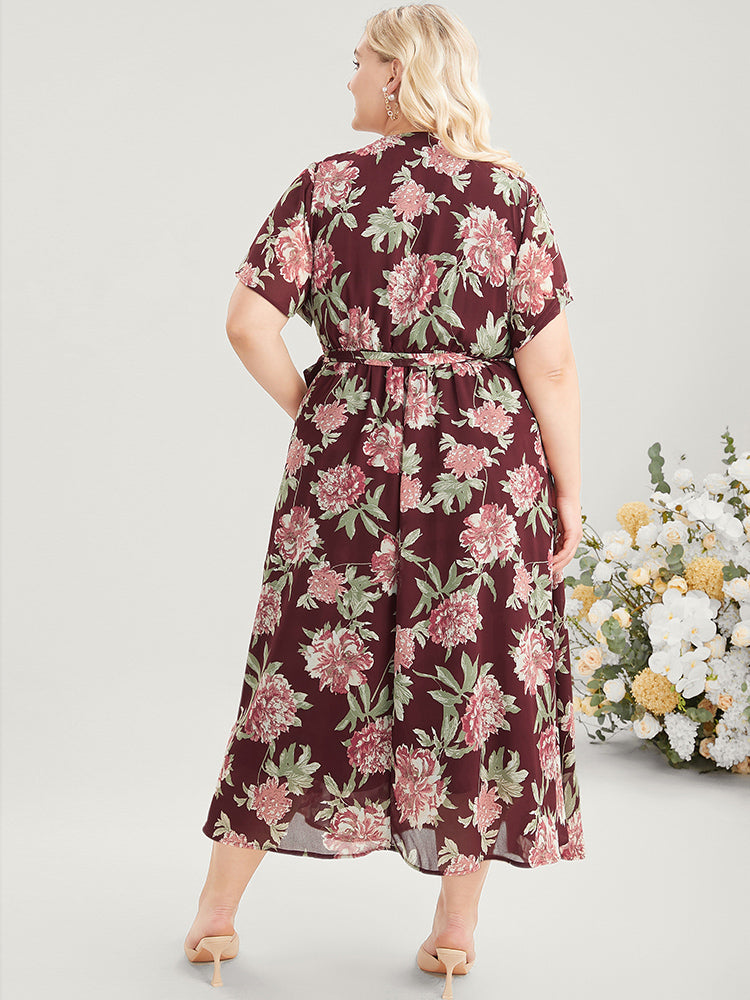 Floral Print Belted Surplice Neck Flutter Pocket Maxi Dress