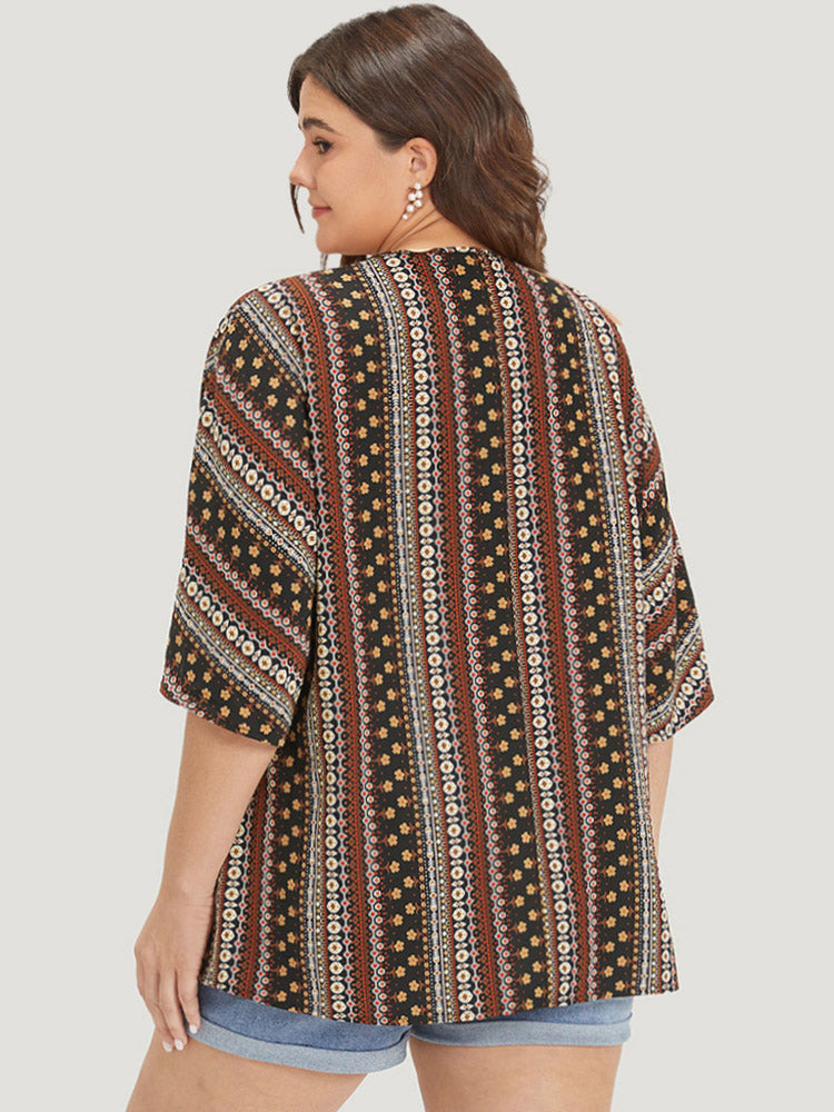 Boho Print Open Front Half Sleeve Kimono