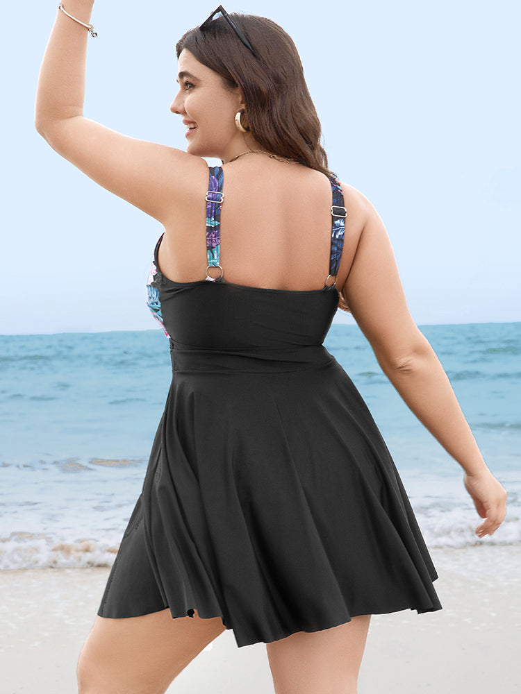 Floral Patchwork Flutter Hem Empire Waist Swim Dress