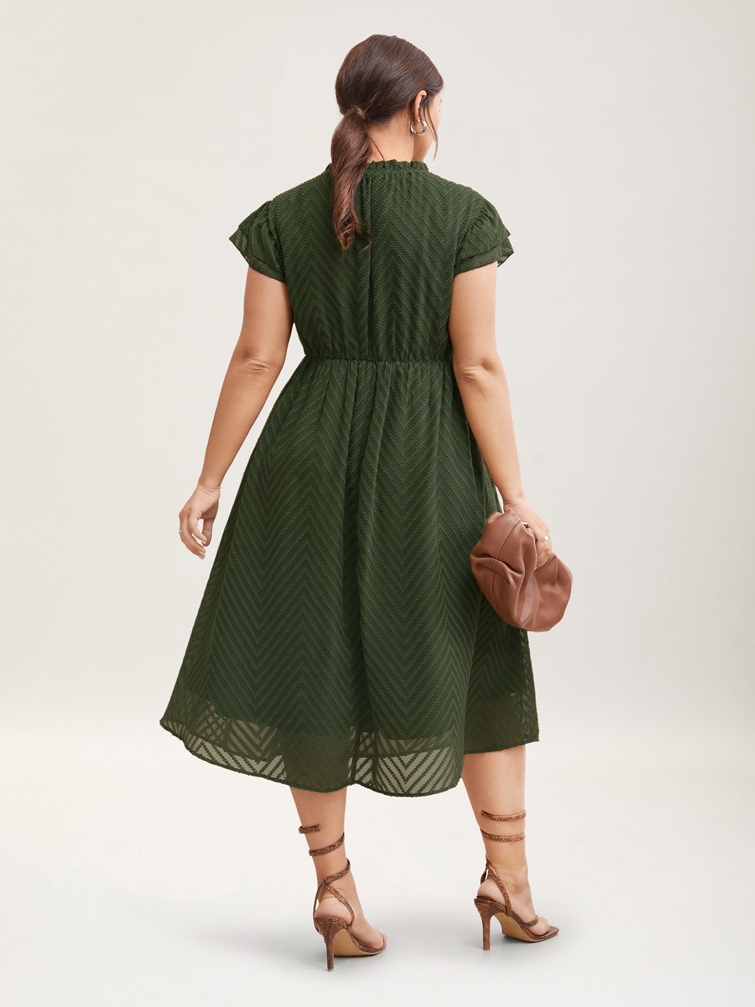 Plain Geometric Layered Sleeve Pocket Ruffle Mock Neck Dress