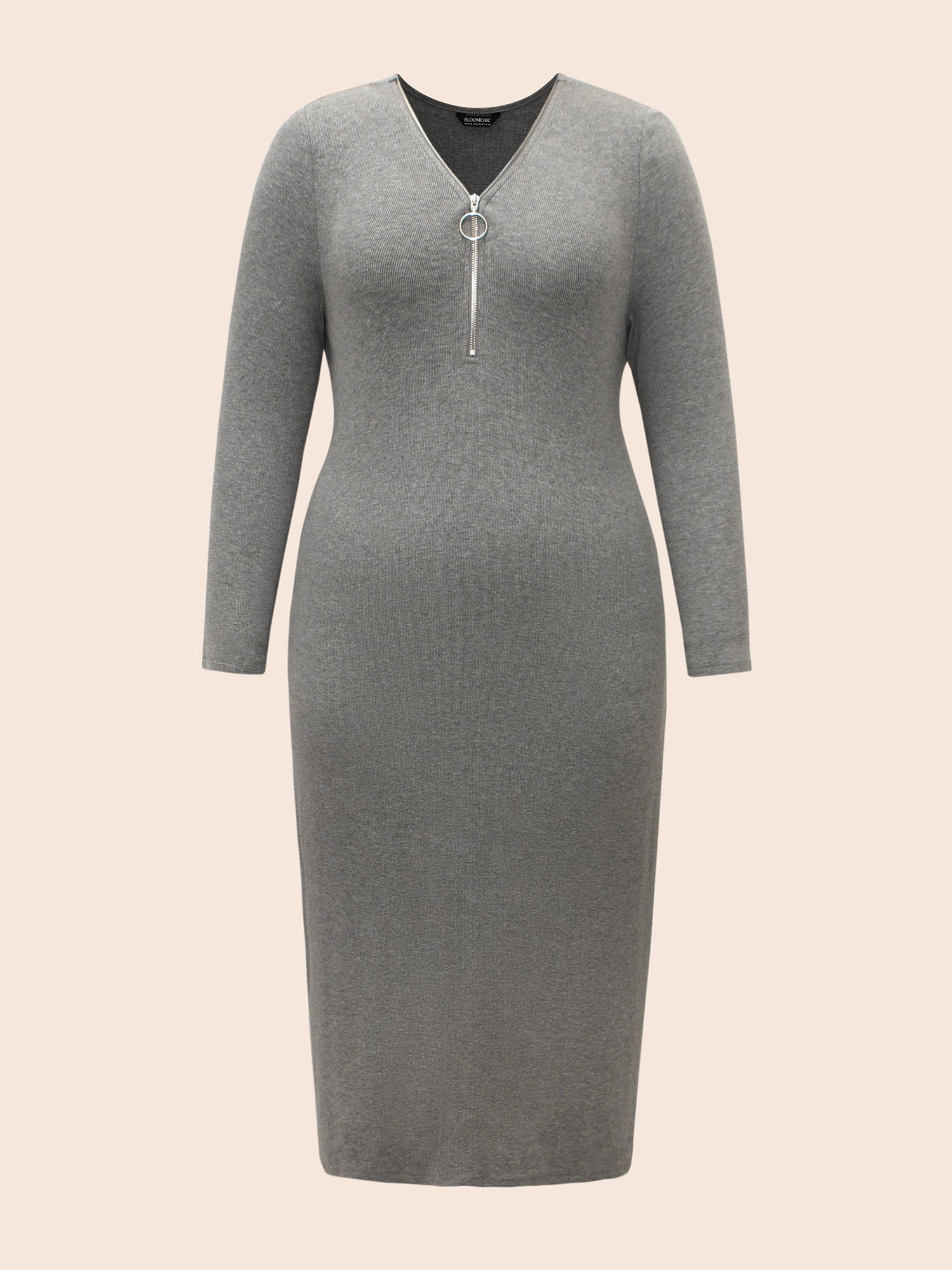 Solid Knit Zipper Midi Dress