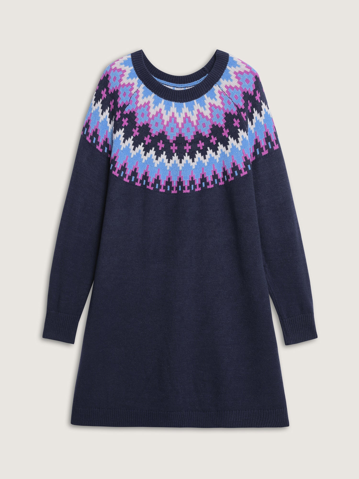 Fair-Isle Pattern Round Neck Sweater Dress