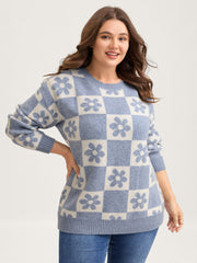 Floral Checkered Color Contrast Pullover
