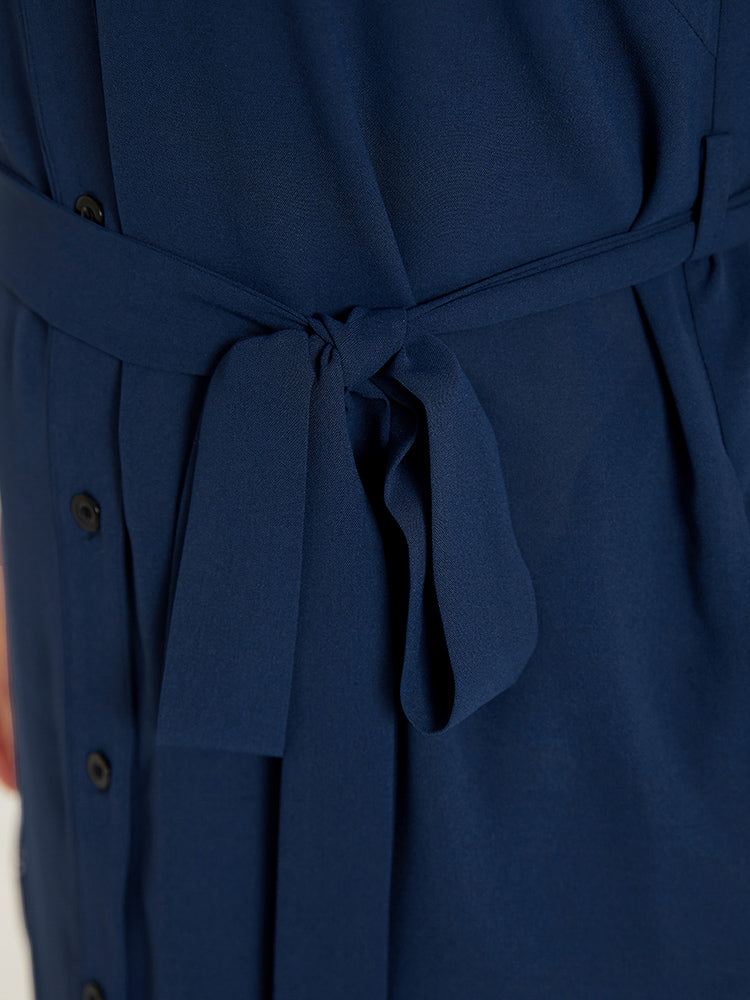 Solid Cuffed Sleeve Button Up Belted Laser Cut Arc Hem Dress