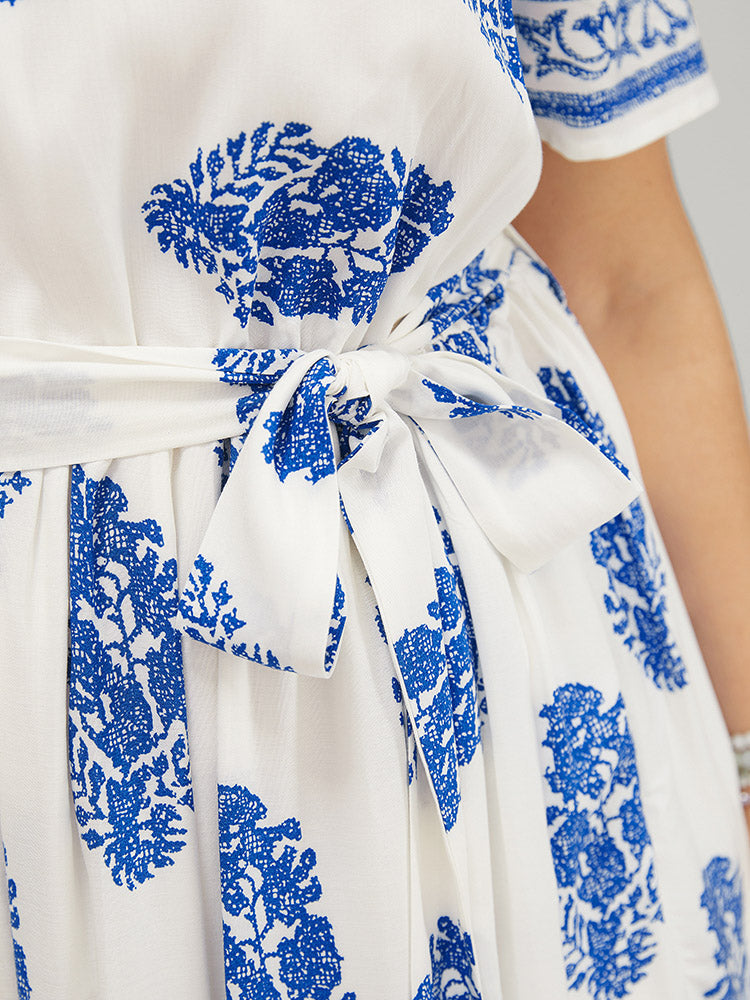 Floral Print Pocket Belted Ruffle Hem Knee Dress