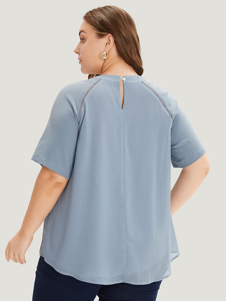 Solid Pleated Raglan Sleeve Patchwork Blouse