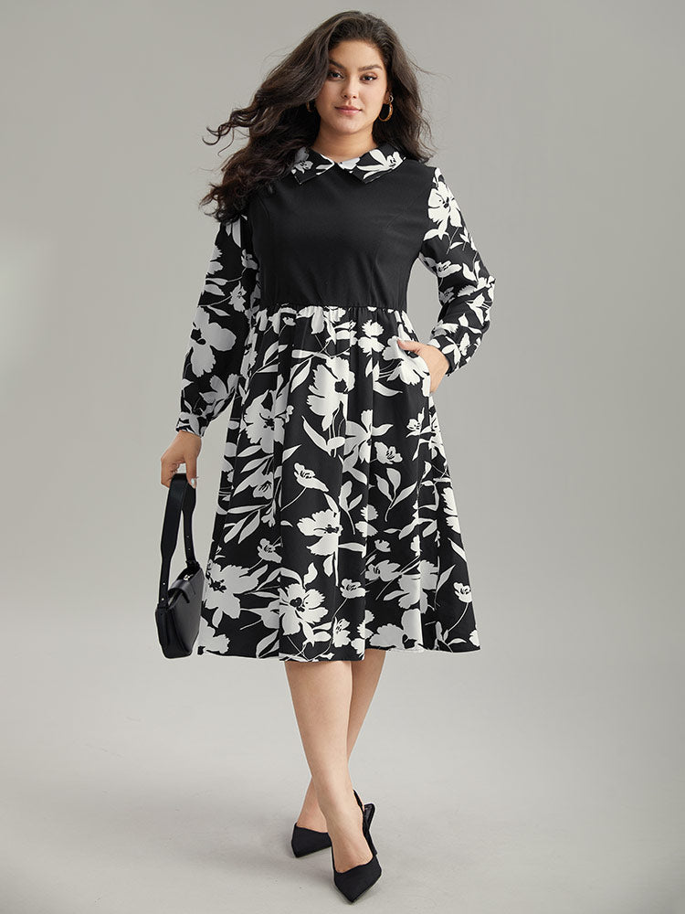 Silhouette Floral Print Patchwork Ruffle Hem Dress
