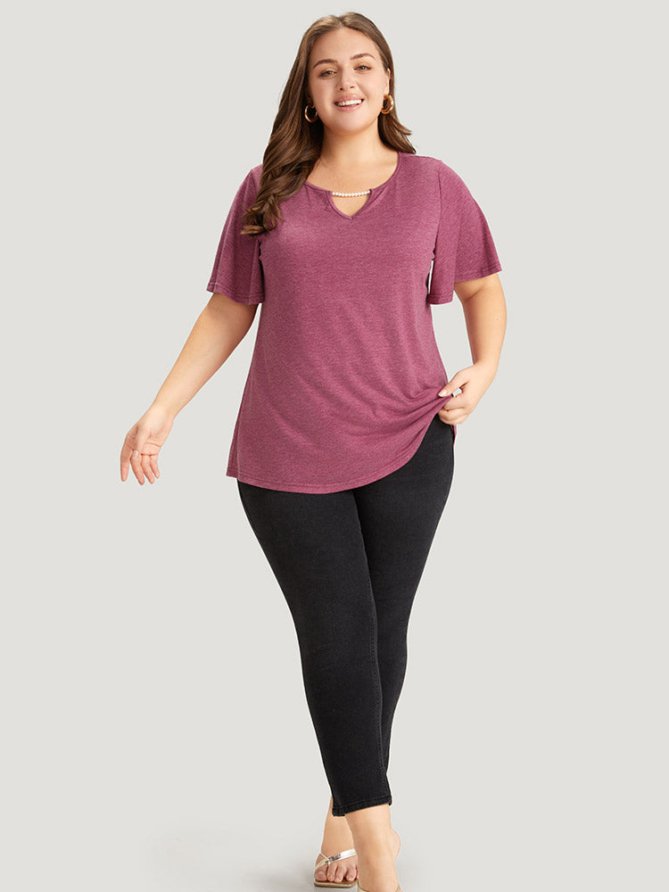 Plain Keyhole Pearl Beaded Flutter Sleeve T-shirt