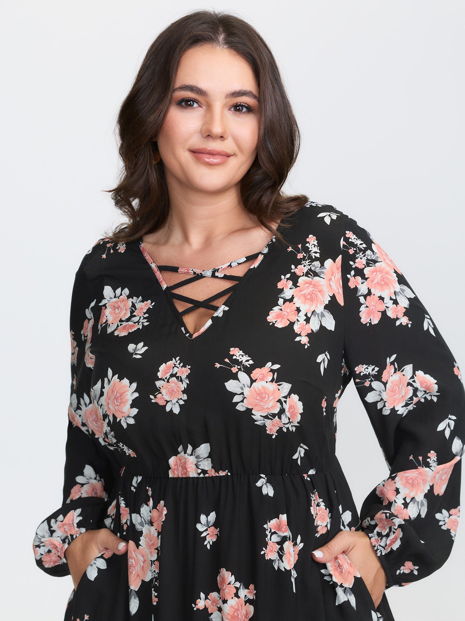 Floral Print Cut-Out Neck Slit Maxi Dress