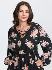 Floral Print Cut-Out Neck Slit Maxi Dress