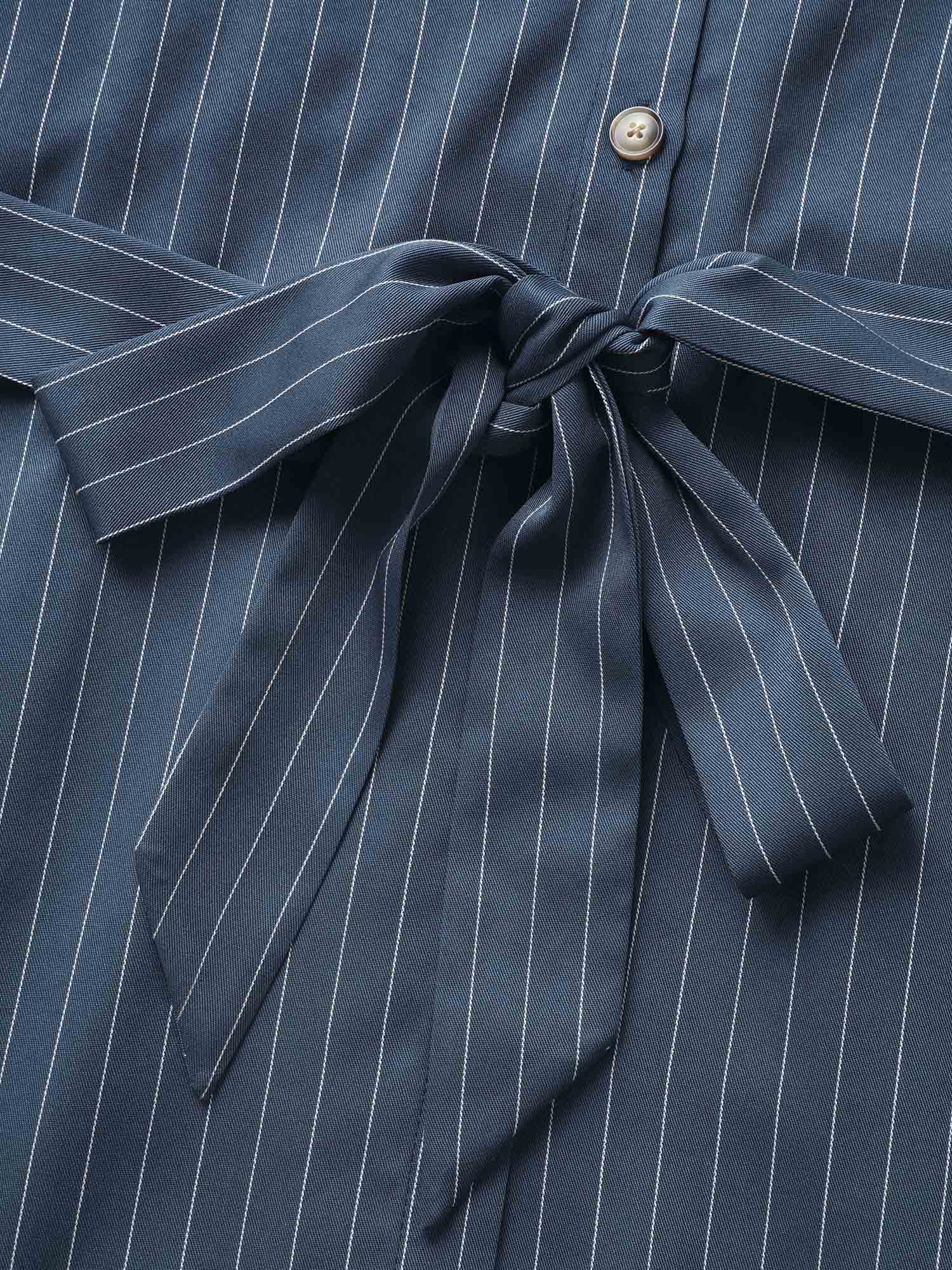 Shirt Collar Striped Curved Hem Midi Dress