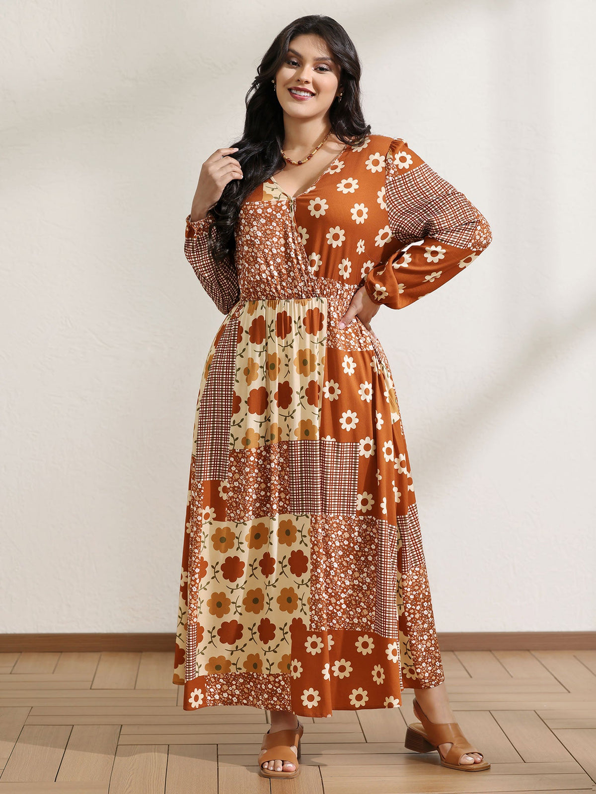 Floral Collage Print Lantern Sleeve Maxi Dress