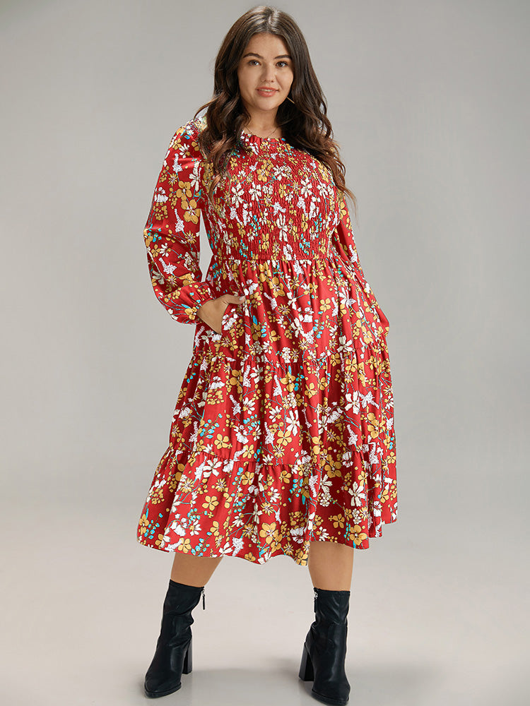 Floral Print Keyhole Shirred Dress