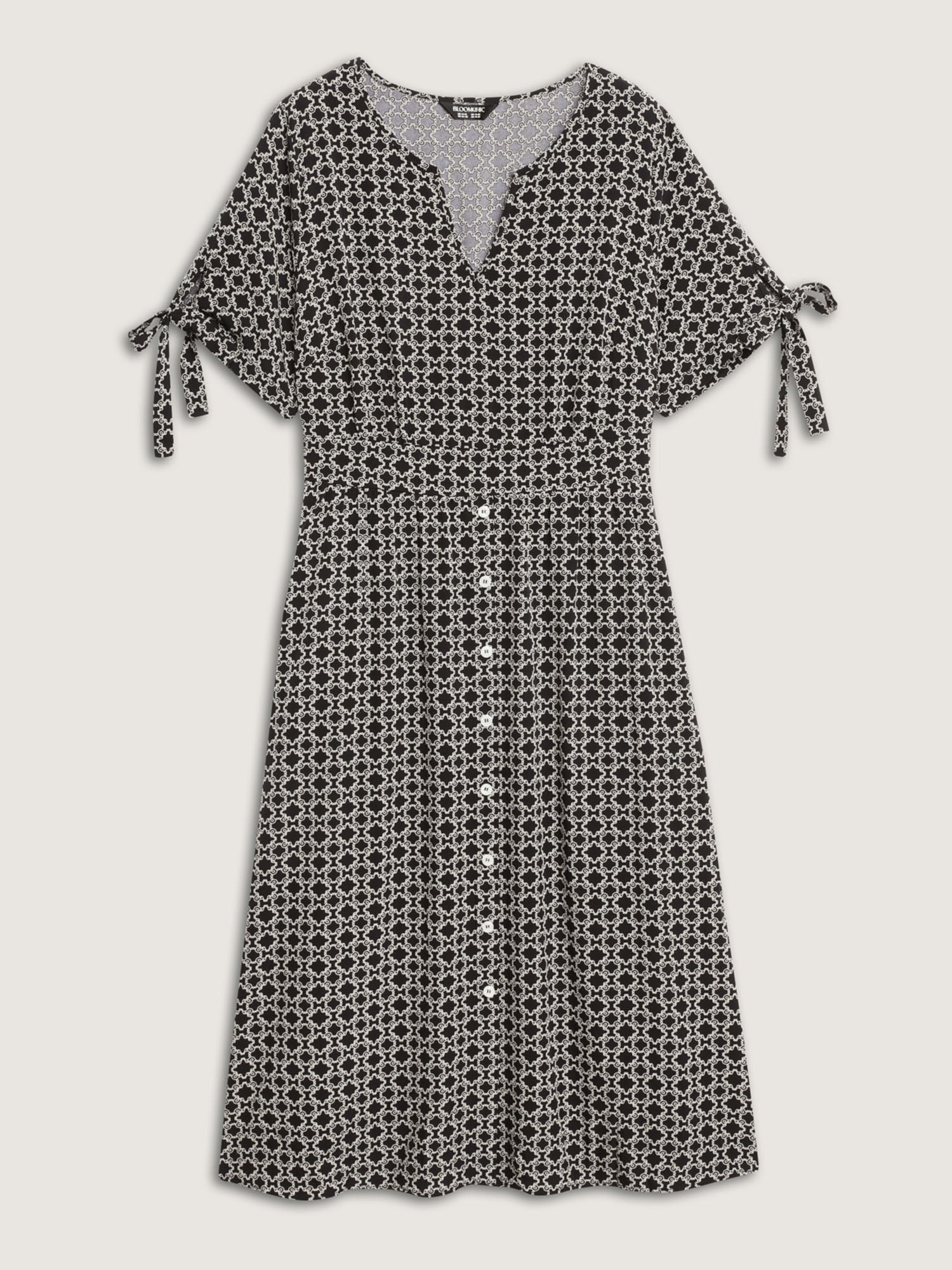 Geometric Print Sleeve Tie Midi Dress