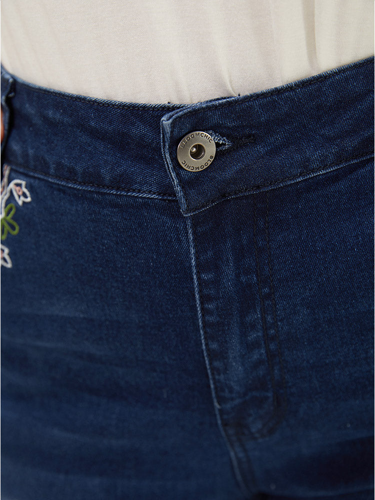 Straight Very Stretchy High Rise Dark Wash Embroidered Trim Jeans