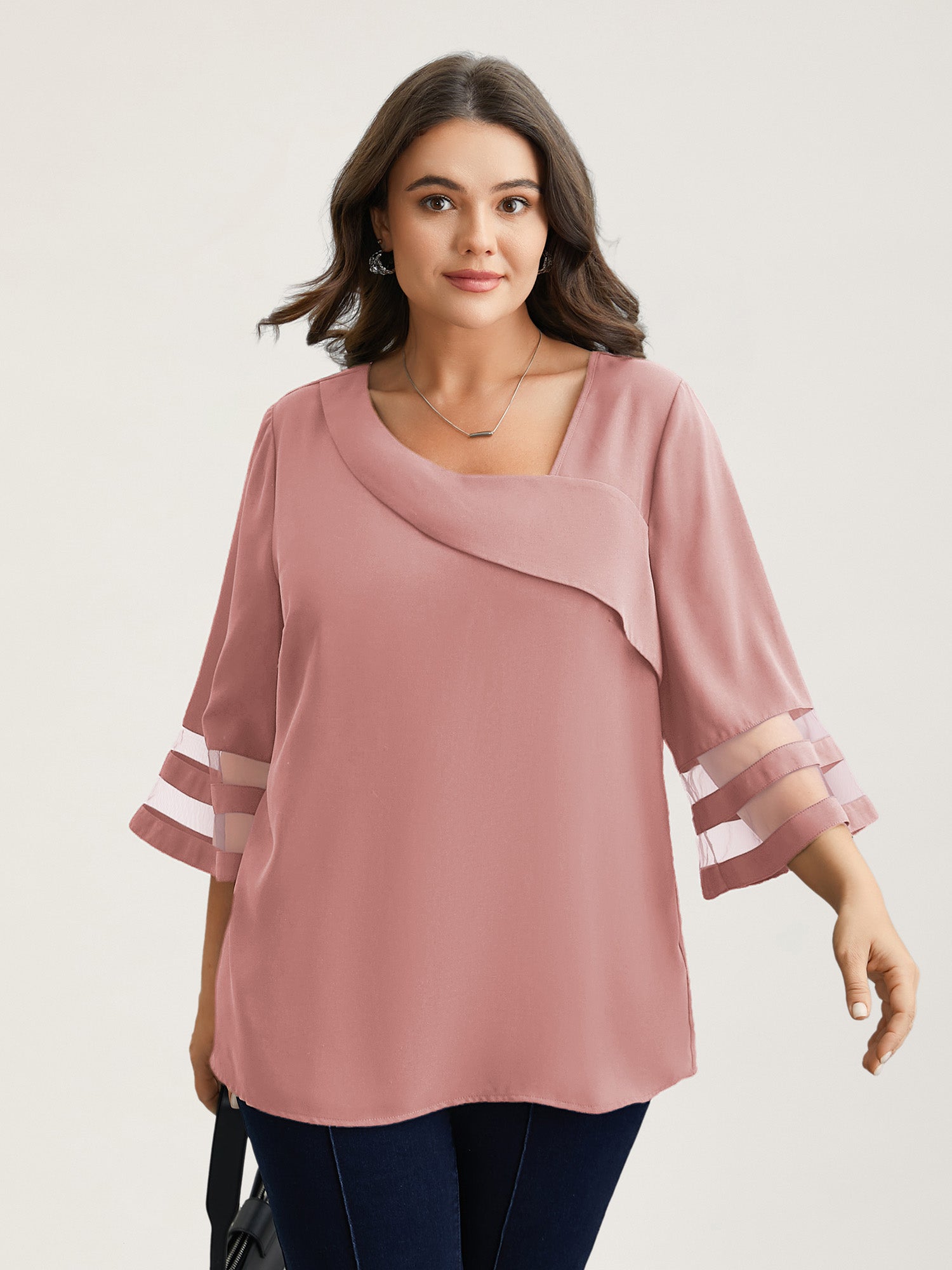 Sheer Sleeve Patchwork Asymmetrical Neckline Blouse