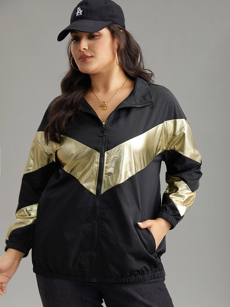 Geometric Patchwork Contrast Zipper Jacket