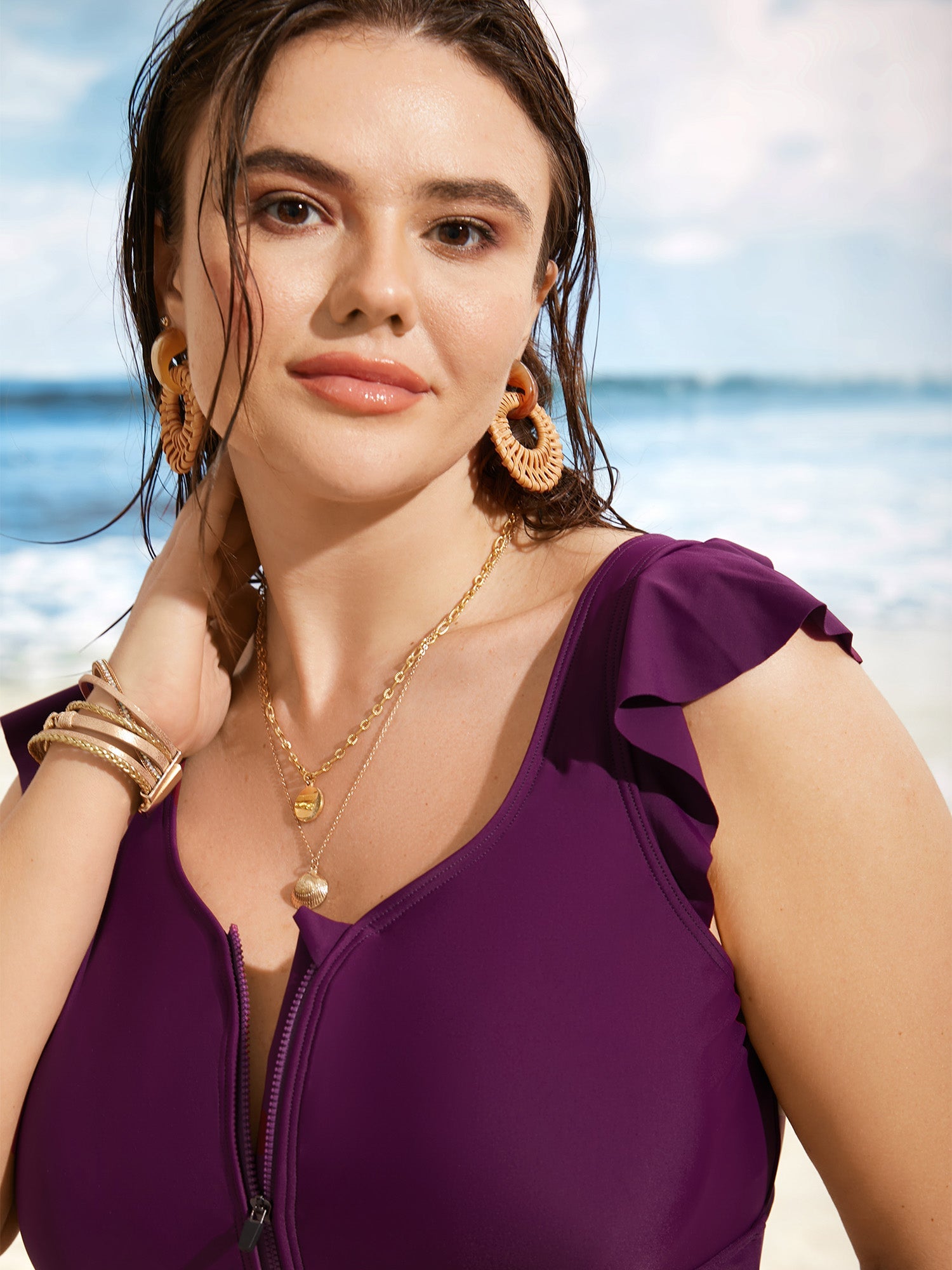 Solid Half Zip Ruffle Cap Sleeve One Piece Swimsuit