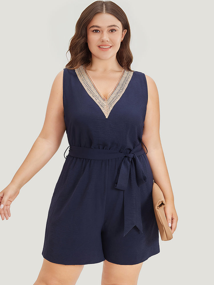 Solid Pocket Contrast Lace Belted Tank Romper