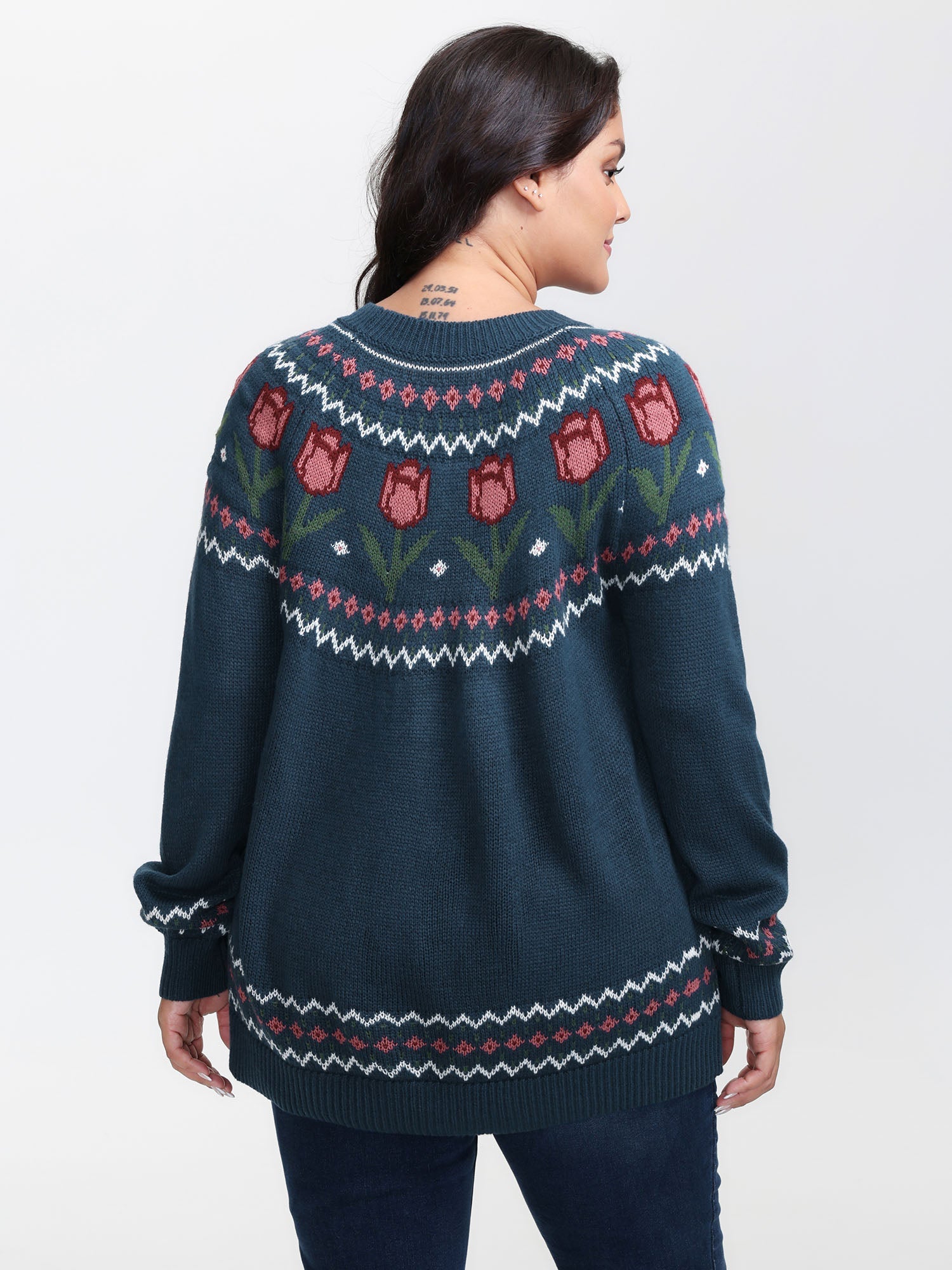 Floral Jacquard Color Contrast Pullover