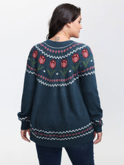 Floral Jacquard Color Contrast Pullover