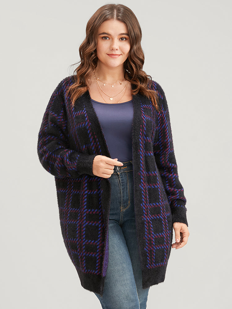 Plaid Contrast Soft Sexy Yarn Knit Fluffy Open Front Cardigan