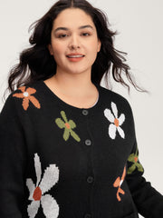 Floral Pattern Button-Down Knit Cardigan