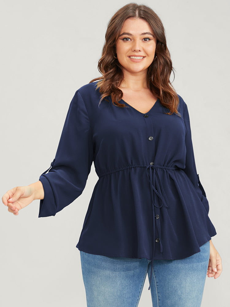 Solid Roll Sleeve Button Down Drawstring Blouse