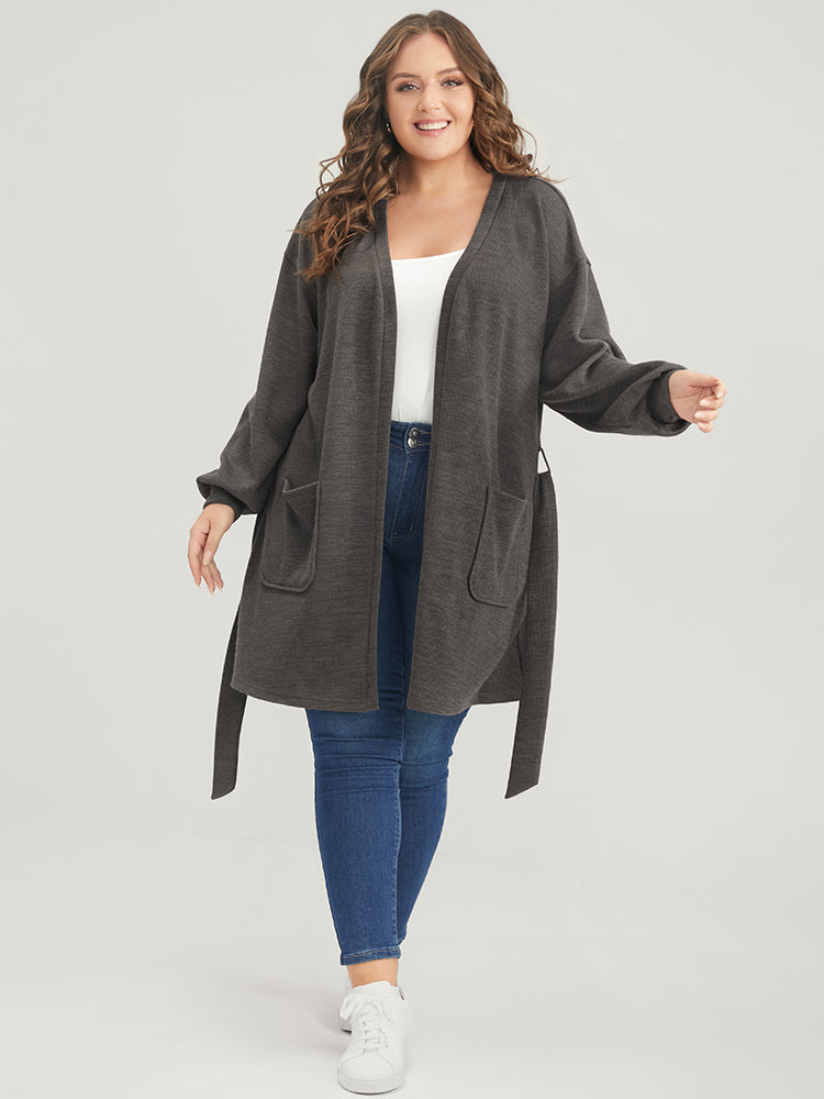Solid Pocket Belted Open Front Heather Coat